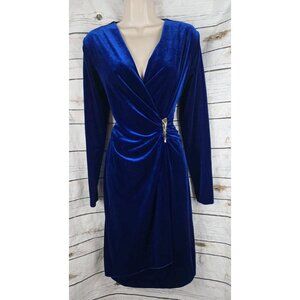 Calvin Klein Blue Velvet Dress 8 Faux Wrap Ruched Classic Holiday Womens
